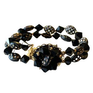 Vintage MARVELLA Black Glass Bead Bracelet Gold Tone Double Strand Box Clasp